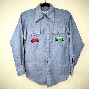 1970’s Riverside Embroidered Beetle Palm Tree Monkey Button Up Shirt Girl 14 XS